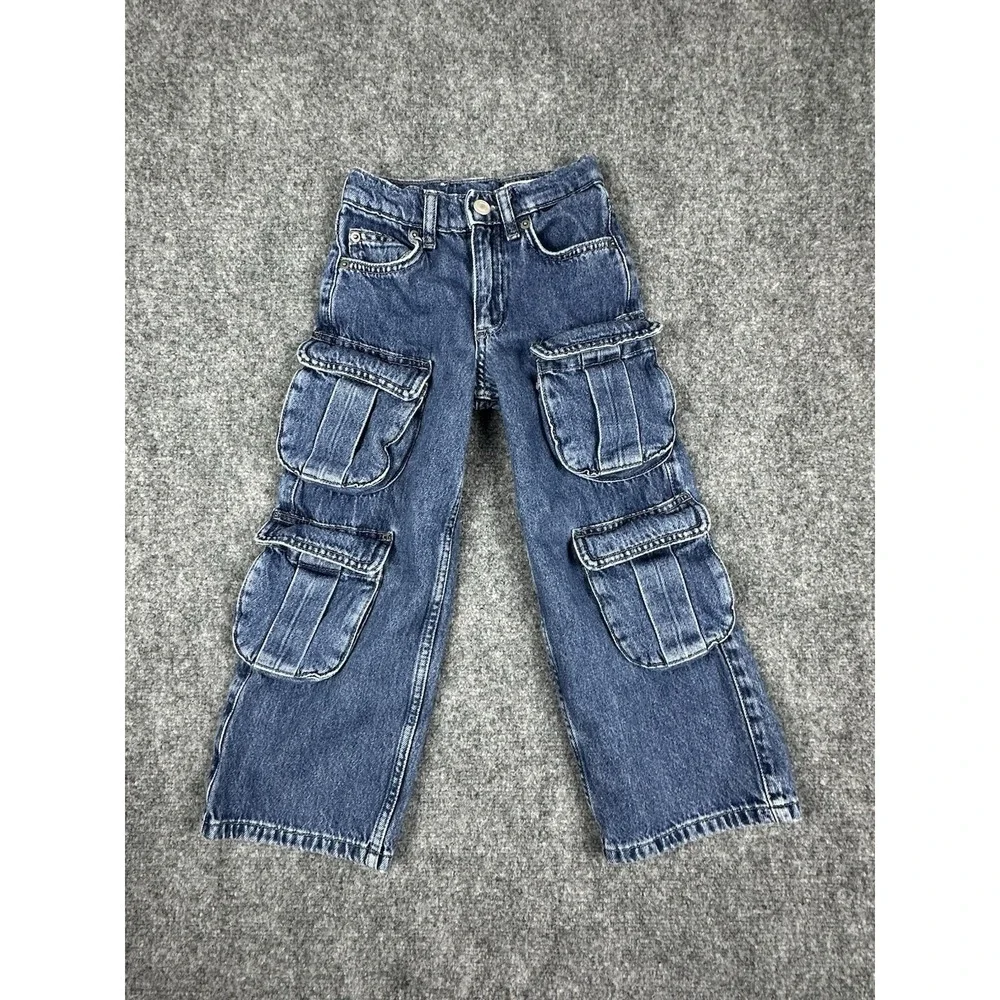 Zara Kids Blue Denim Multi-Pocket Cargo Jeans Size 6 Streetwear Y2K